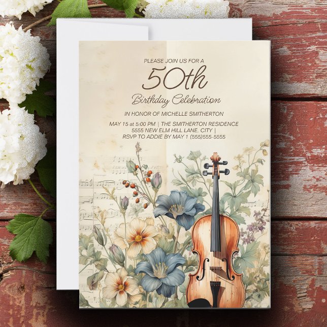 Vintage Violin Dusty Blue Flowers 50th Birthday Invitation (Vintage violin and dusty blue flowers 50th birthday party invitation.)