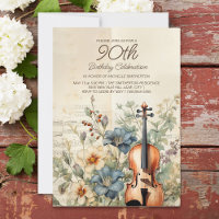 Vintage Violin Dusty Blue Flowers 90th Birthday