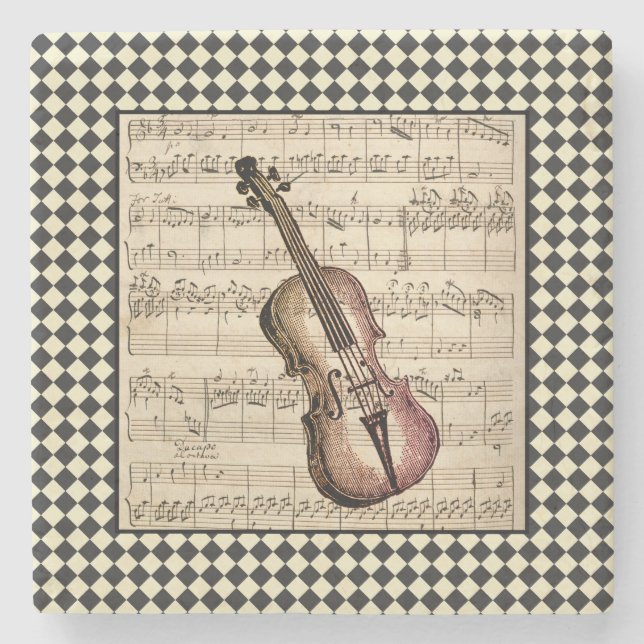 Vintage Violin Harlequin Border  Stone Coaster (Front)