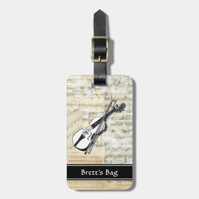 Vintage Violin Music Luggage Tag (Front Vertical)