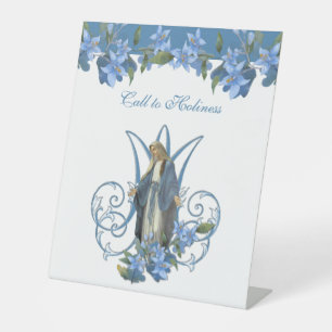 Vintage Virgin Mary Catholic Blue Floral Pedestal Sign