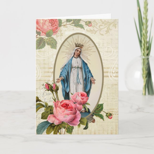 Vintage Virgin Mary Catholic Religious Roses Card (Front)