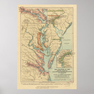 Vintage Virginia and Maryland Colonies Map (1905) Poster