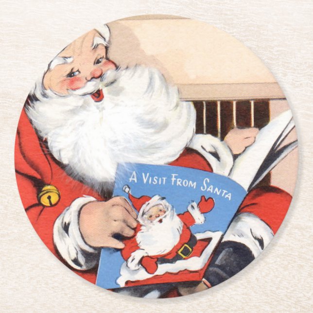 Vintage Visit From Santa Claus Round Paper Coaster (Front)