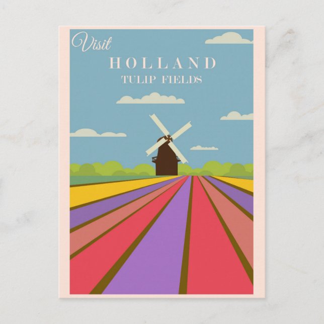 Vintage Visit Holland Tulip Fields Travel Poster Postcard (Front)