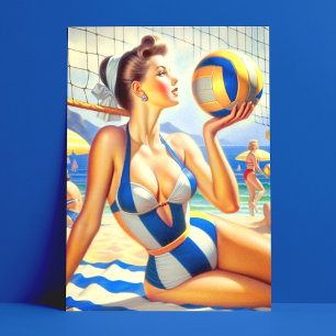 Vintage Volley Girl Illustration Postcard