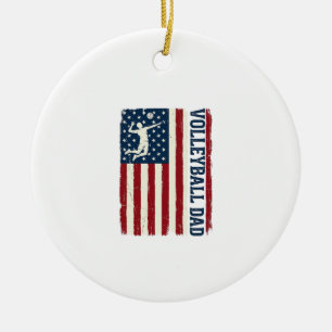 Vintage Volleyball Dad Patriotic Flag Shirt Design Ceramic Tree Decoration