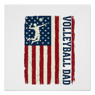 Vintage Volleyball Dad Patriotic Flag Shirt Design Poster