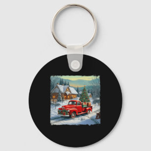 Vintage Wagon Red Truck Merry Christmas Tree Snow Key Ring