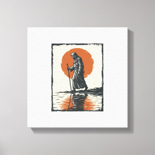 Vintage Walking Figure Sunset Reflection Vector Ar Canvas Print