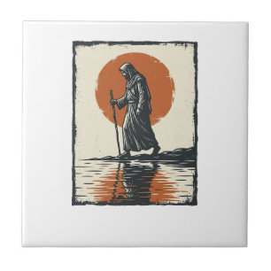 Vintage Walking Figure Sunset Reflection Vector Ar Tile