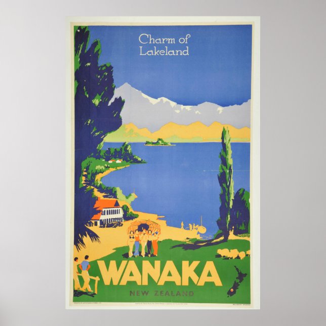 Vintage Wanaka New Zealand Lakeland Travel Poster (Front)