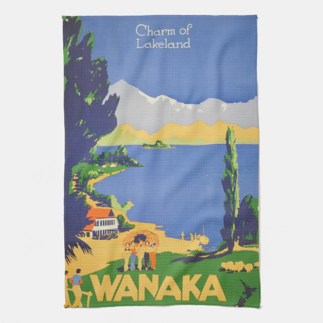Vintage Wanaka New Zealand Lakeland Travel Tea Towel (Vertical)