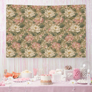 Vintage Water Lotus Botanical Floral Pattern Banner
