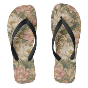 Vintage Water Lotus Botanical Floral Pattern Jandals