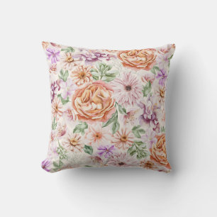 Vintage Watercolor Apricot Rose and Purple Floral Cushion