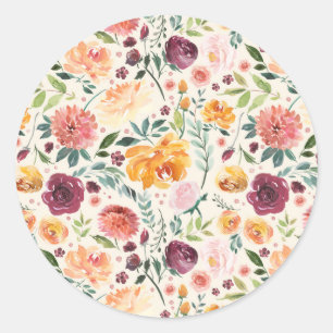 Vintage Watercolor Autumn Blooms Pattern Classic Round Sticker
