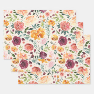 Vintage Watercolor Autumn Blooms Pattern Wrapping Paper Sheet