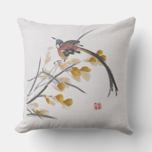 Vintage Watercolor Autumn Leaves & Bird  Cushion