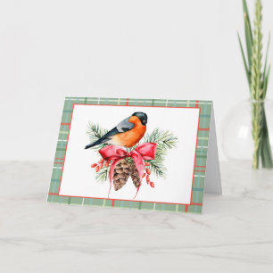 Vintage Watercolor Bird with Pinecones Holiday Card