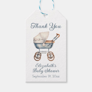 Vintage Watercolor Blue Baby Carriage Personalised Gift Tags
