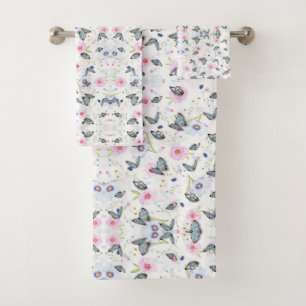 Vintage Watercolor Blue Butterfly & Pink Floral Bath Towel Set