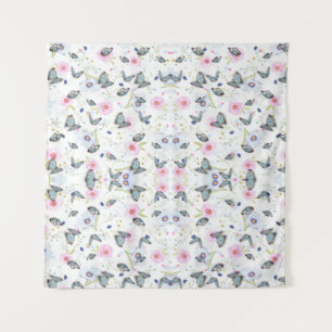Vintage Watercolor Blue Butterfly & Pink Floral Tapestry