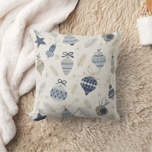 Vintage Watercolor Blue Ornaments Holly Christmas Cushion
