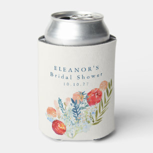 Vintage Watercolor Blue Red Floral Bridal Shower Can Cooler