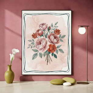 Vintage Watercolor Blush and Rust Roses Floral Art Poster