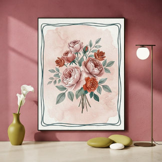 Vintage Watercolor Blush and Rust Roses Floral Art Poster
