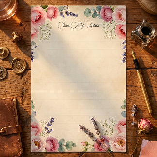 Vintage Watercolor Blush Pink Rose Floral Lined Stationery