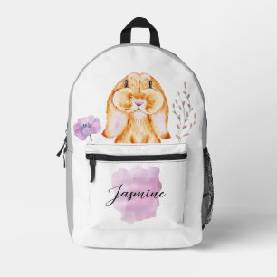 VINTAGE WATERCOLOR BUNNY VIOLET FLOWER GREY WHITE PRINTED BACKPACK