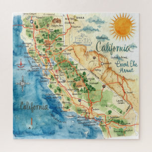 Vintage Watercolor California Travel Map Art Jigsaw Puzzle