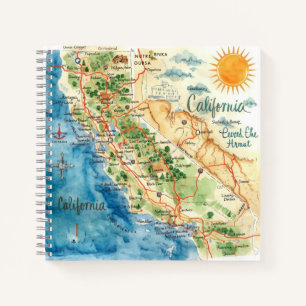 Vintage Watercolor California Travel Map Art Notebook