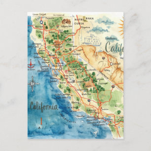 Vintage Watercolor California Travel Map Art Postcard