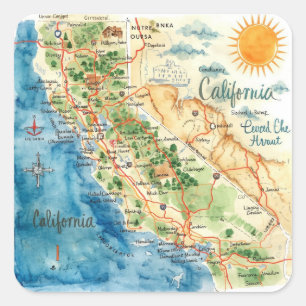 Vintage Watercolor California Travel Map Art Square Sticker