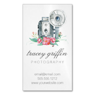 Vintage Watercolor Camera and Flowers Magnetic Business Card