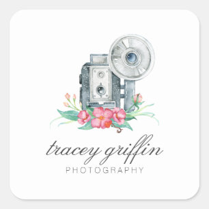 Vintage Watercolor Camera and Flowers Square Sticker
