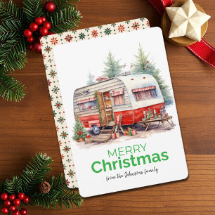 Vintage Watercolor Camper Merry Christmas Holiday Card