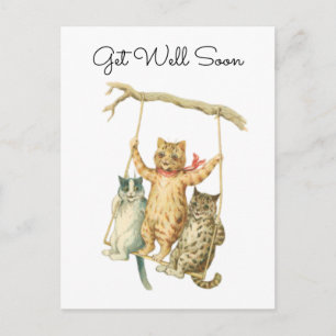 Vintage Watercolor Cats on a Swing Get Well Soon Postcard