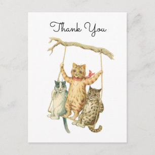 Vintage Watercolor Cats on Swing Thank You Postcard