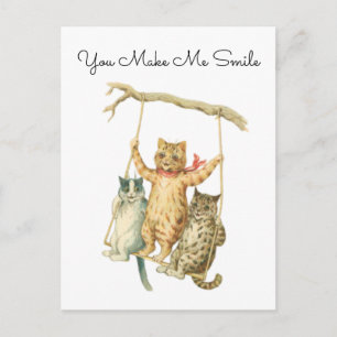 Vintage Watercolor Cats on Swing You Make Me Smile Postcard
