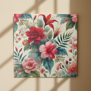 Vintage Watercolor Cherry Red Pink Green Floral  Tile