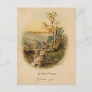 Vintage Watercolor Christmas   Birch Tree & Bridge Postcard