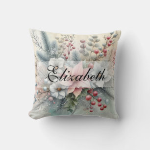 Vintage Watercolor Christmas Floral and Ornaments Cushion