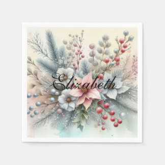 Vintage Watercolor Christmas Floral and Ornaments Napkin