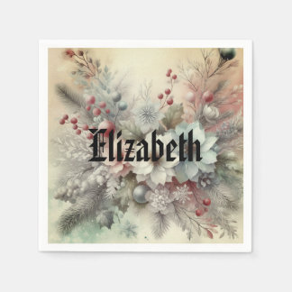 Vintage Watercolor Christmas Floral and Ornaments Napkin