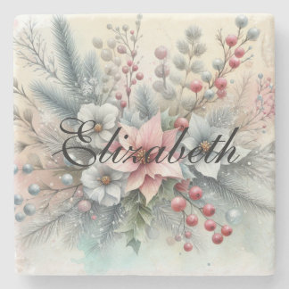 Vintage Watercolor Christmas Floral and Ornaments Stone Coaster