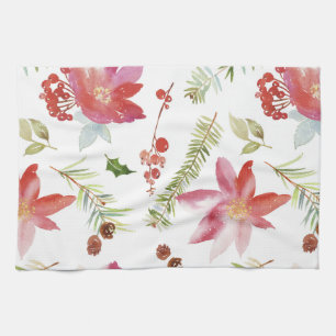 Vintage Watercolor Christmas Florals Tea Towel